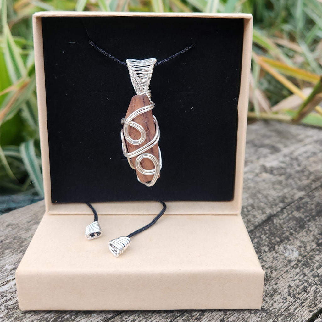 Freeform Walnut Silver Wire-Wrapped Necklace