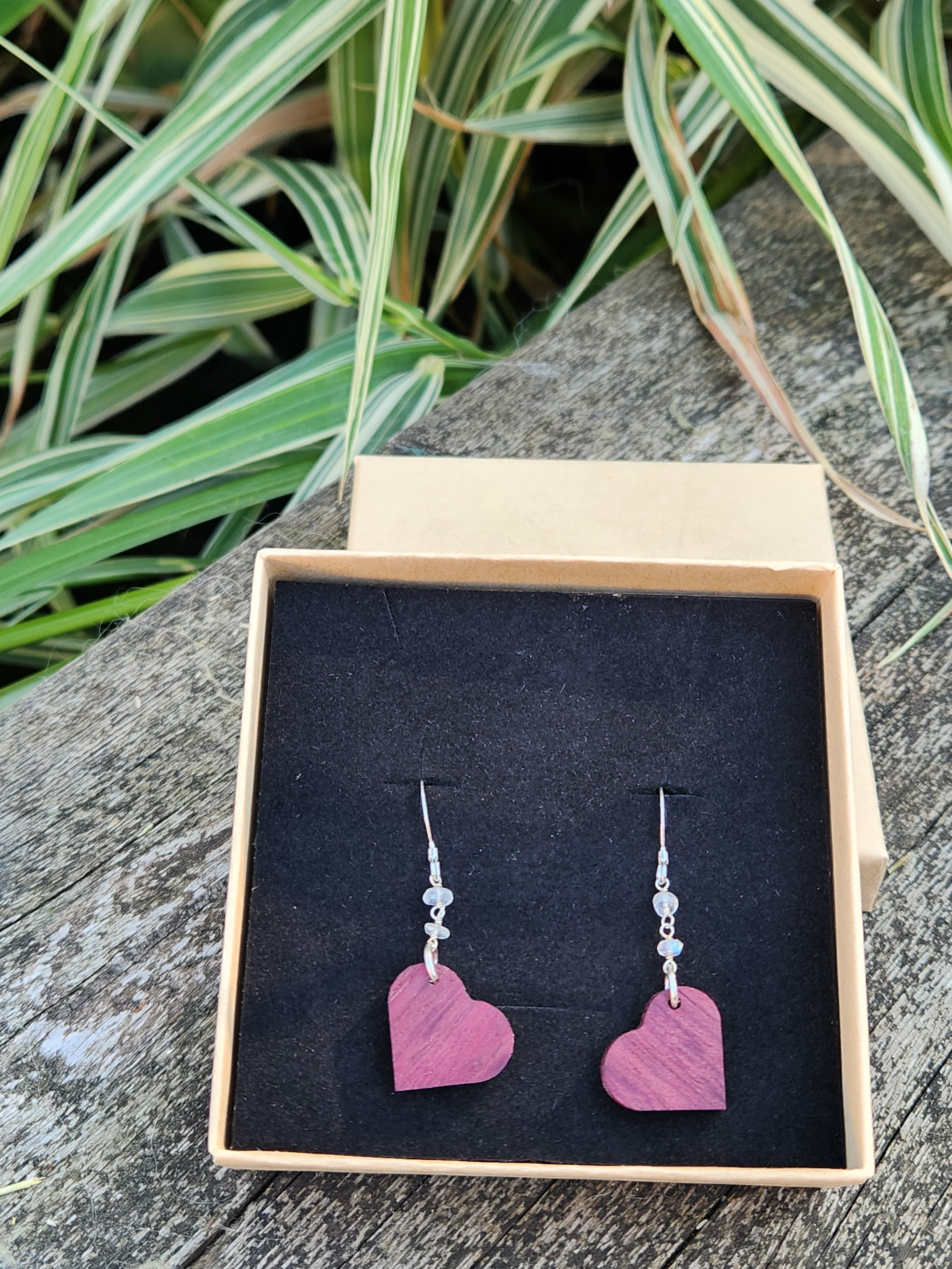 Purpleheart & Moonstone Heart Drop Earrings 925 Sterling Silver