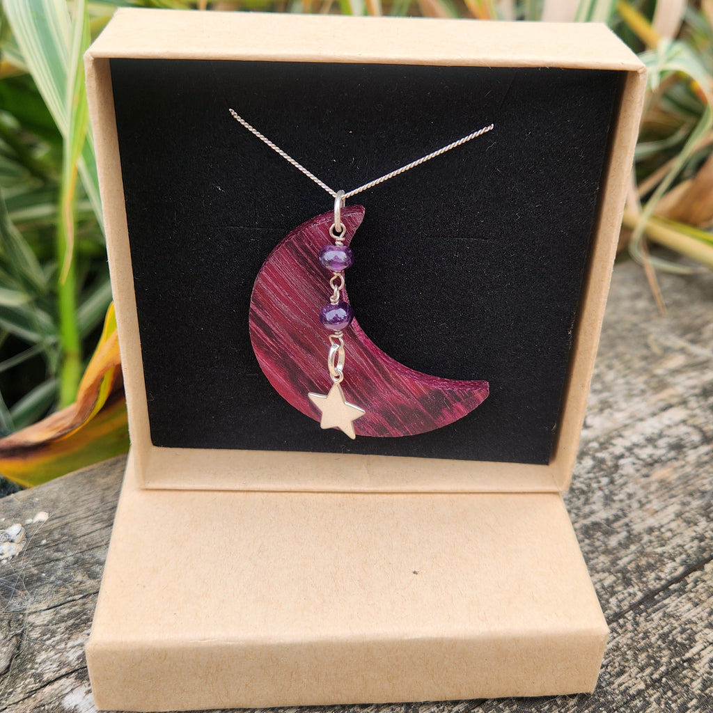 Purpleheart Moon & Amethyst Sterling Silver Necklace
