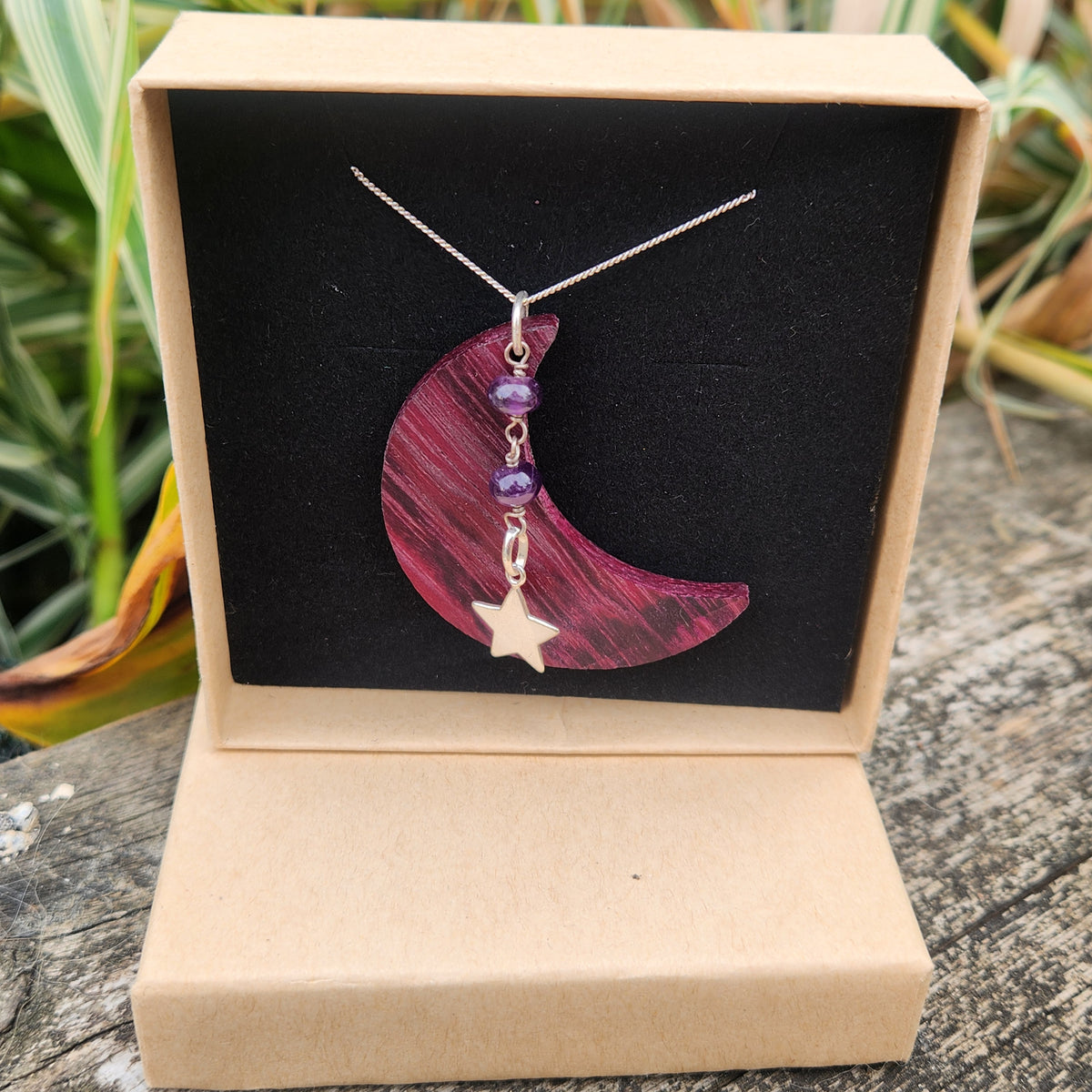Purpleheart Moon & Amethyst Sterling Silver Necklace