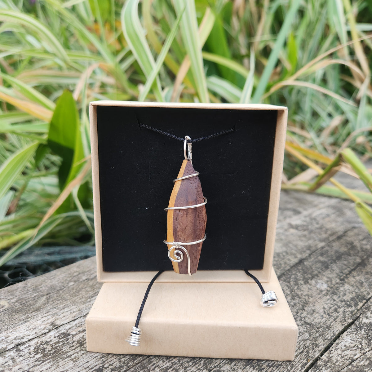 Iroko & Walnut Silver Wire-Wrapped Necklace