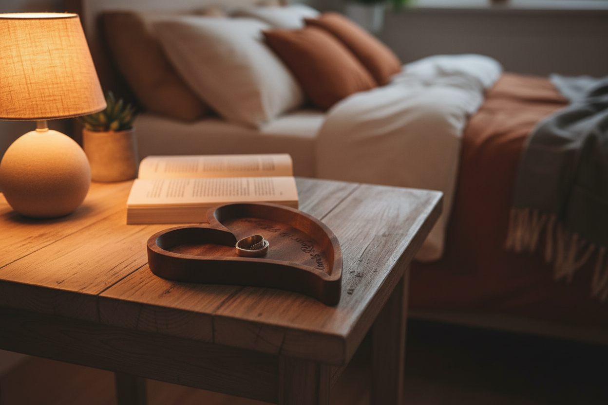 Customised Walnut Engraved Heart Ring Dish