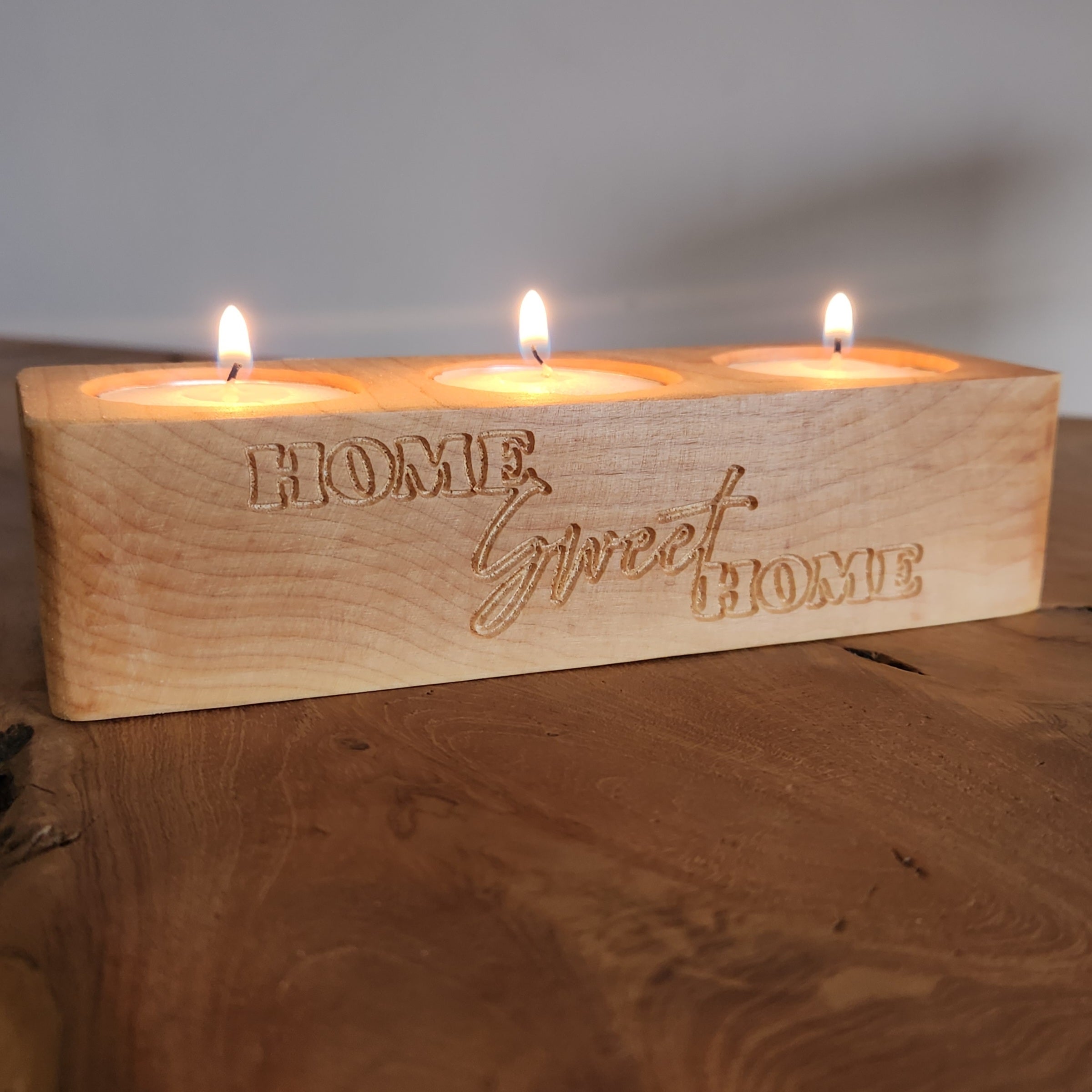 Engraved Maple Triple Tealight Holder