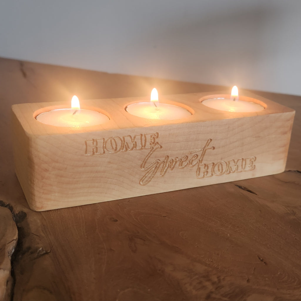 Engraved Maple Triple Tealight Holder