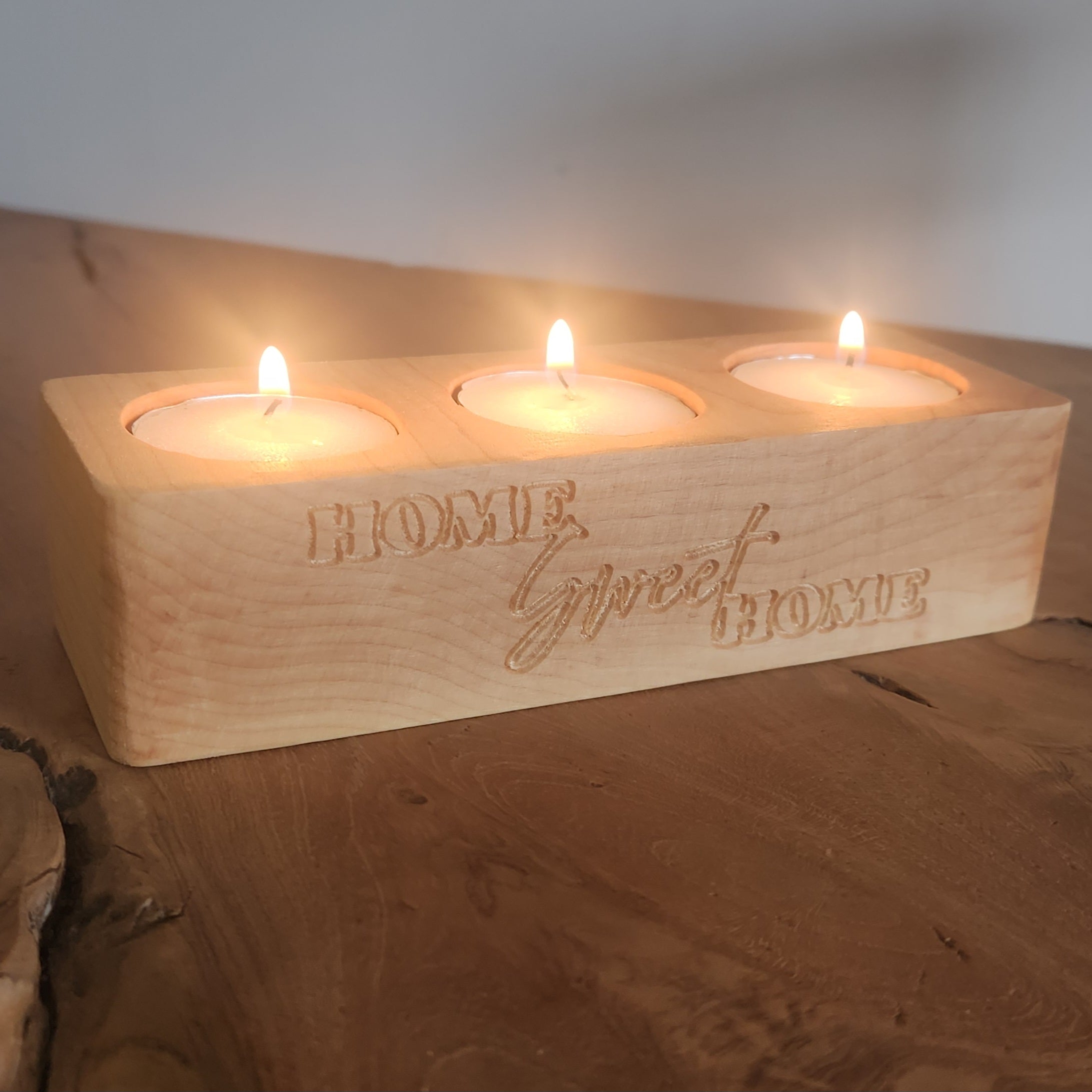Engraved Maple Triple Tealight Holder