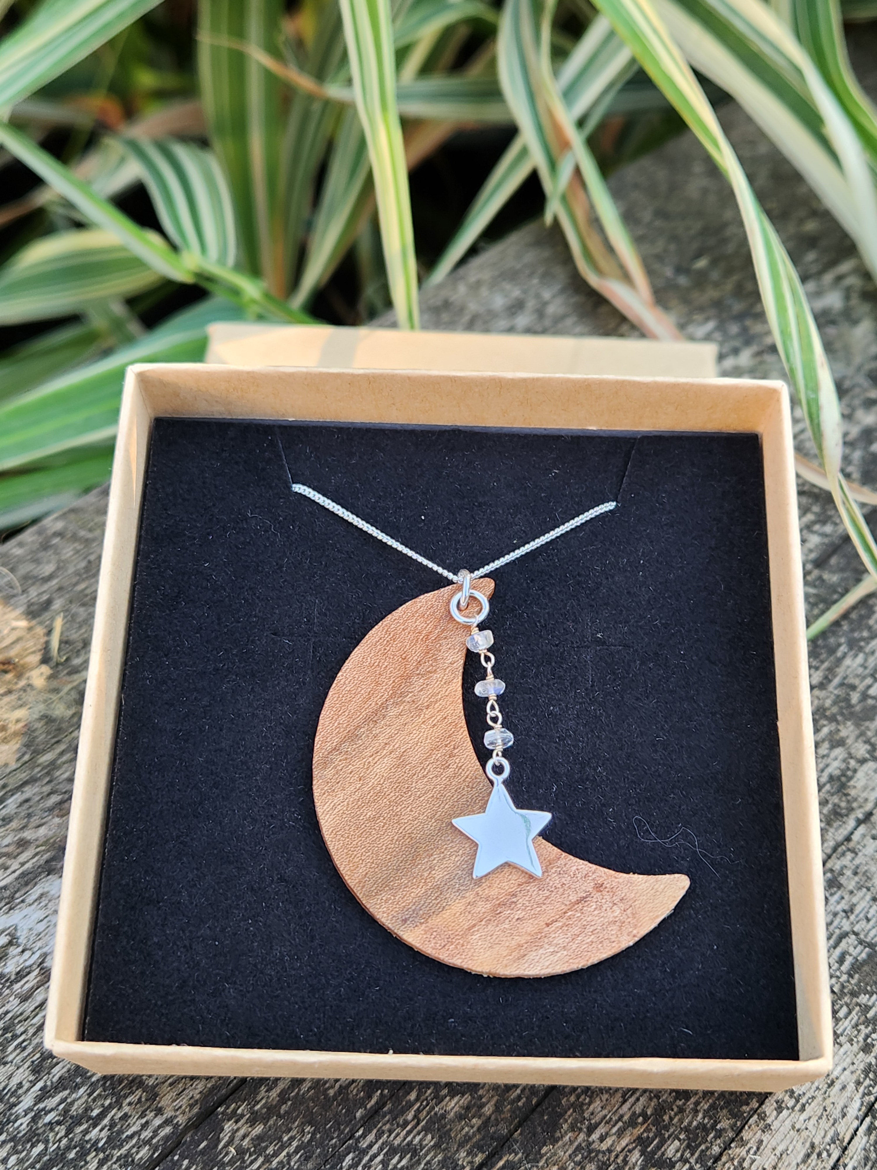 Chestnut & Moonstone Crescent Moon Necklace 925Sterling Silver