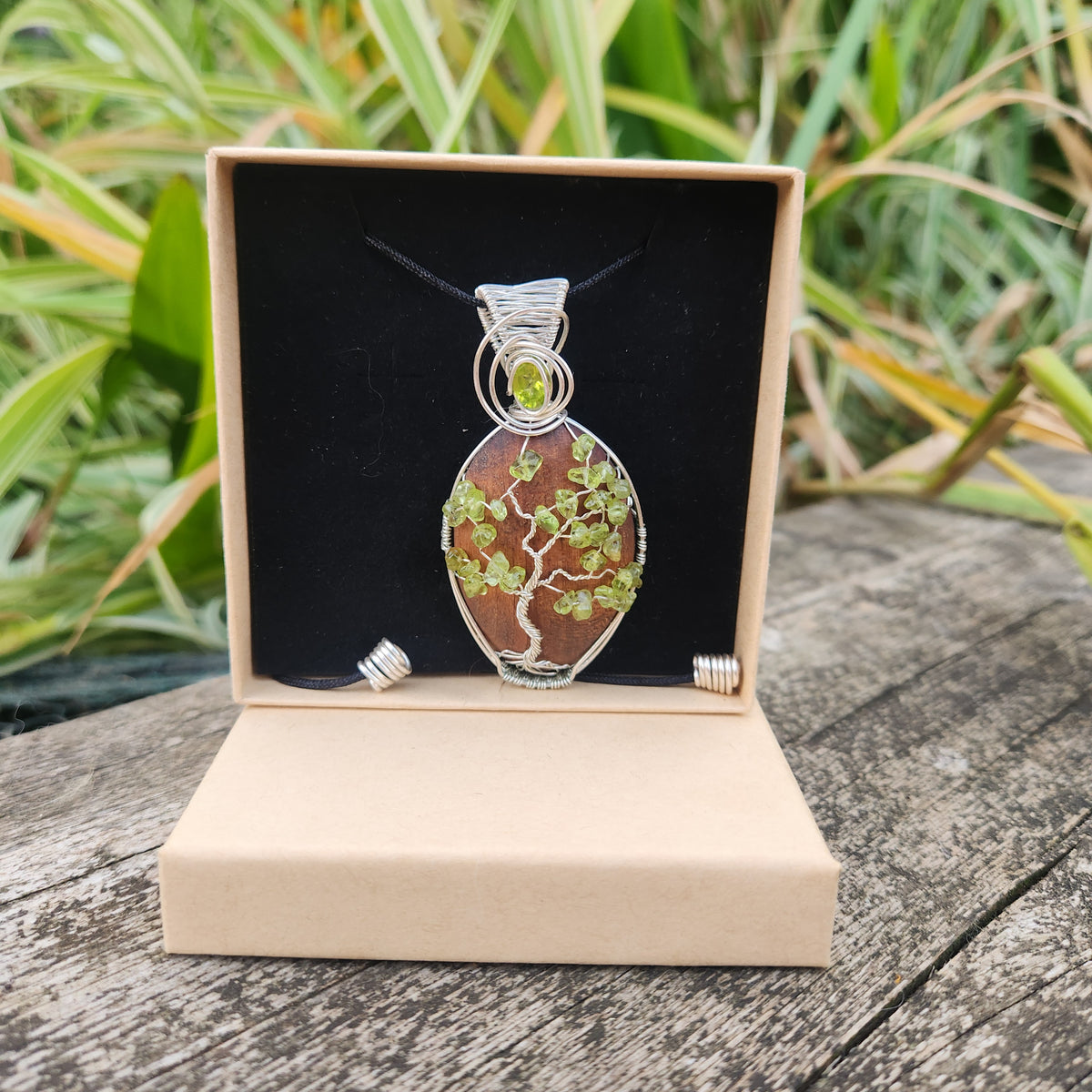 Sapele & Peridot Tree of Life Wire-Wrapped Necklace