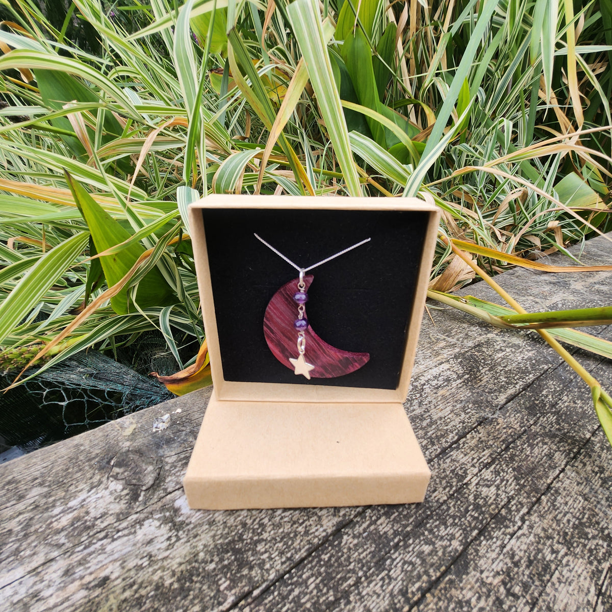 Purpleheart Moon & Amethyst Sterling Silver Necklace