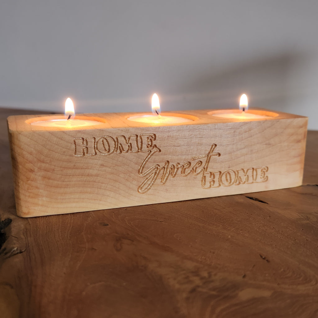 Engraved Maple Triple Tealight Holder