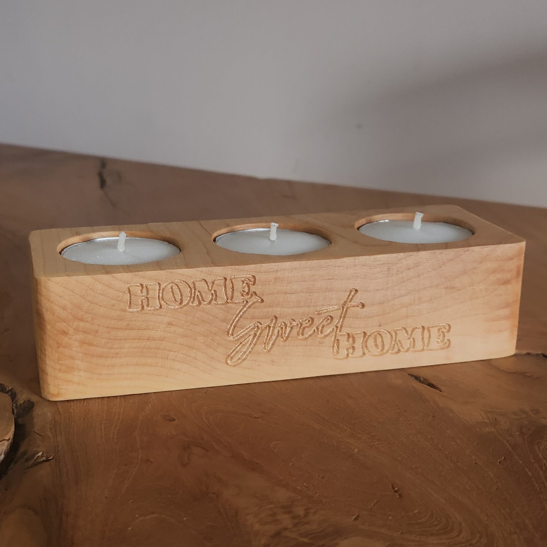 Engraved Maple Triple Tealight Holder