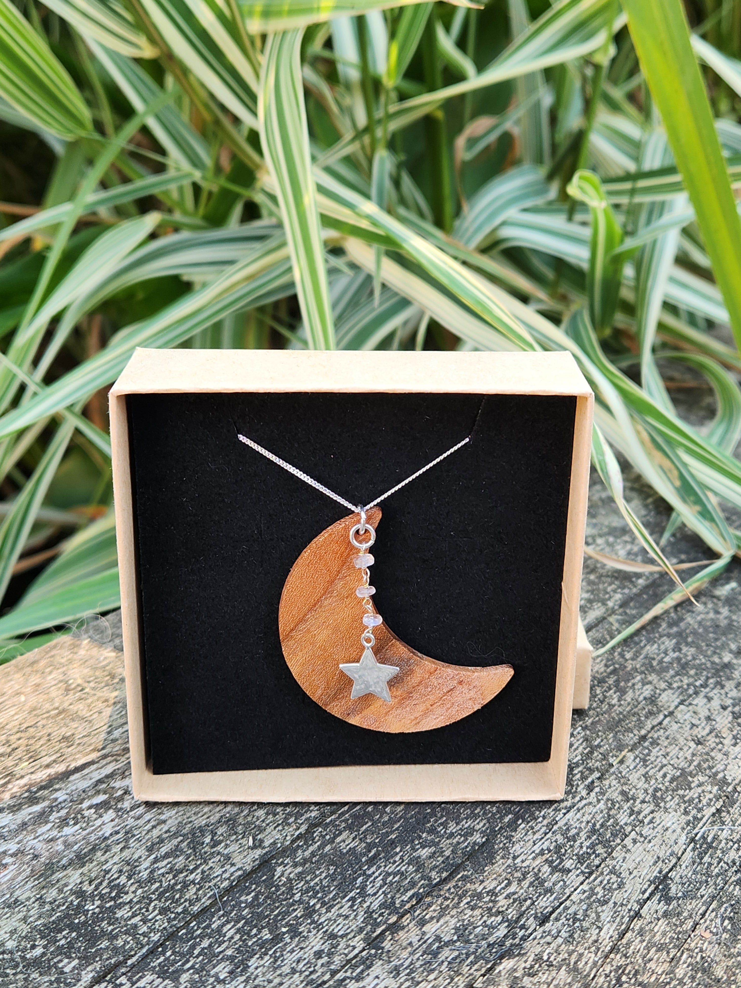 Chestnut & Moonstone Crescent Moon Necklace 925Sterling Silver